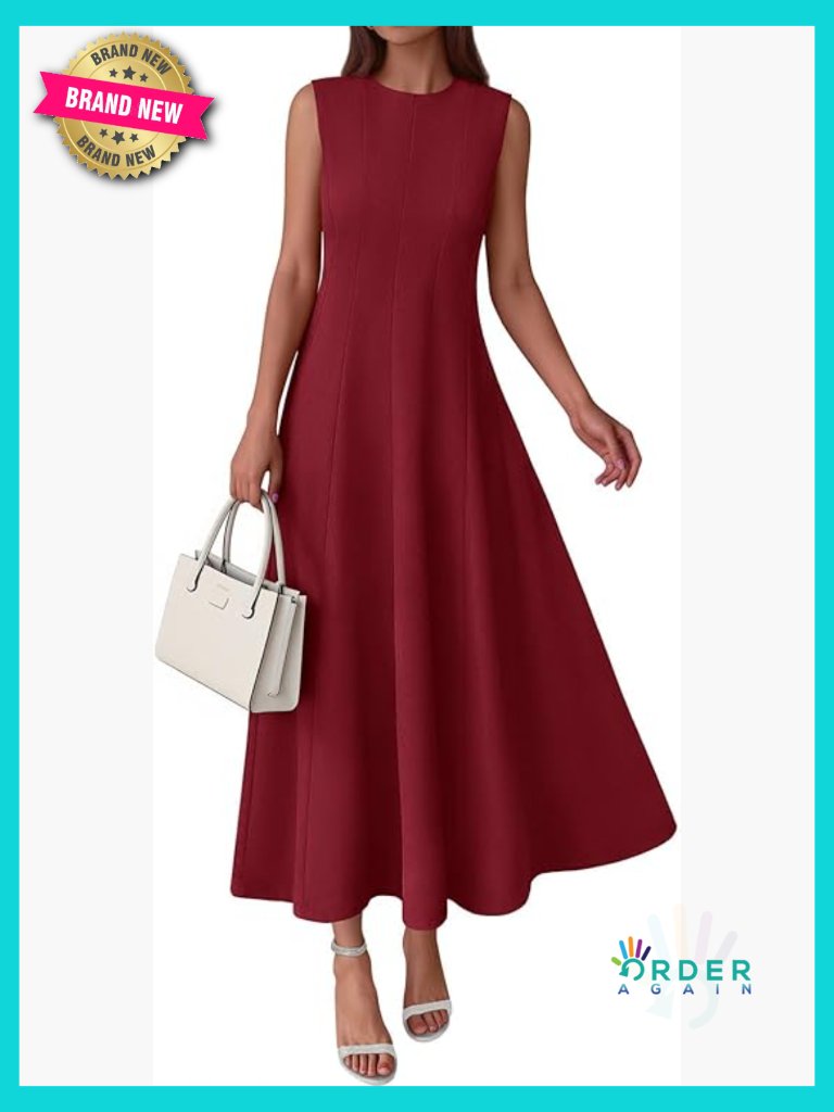 Sleeveless Crewneck Maxi Dress Elegant Fit & Flare Semi Formal Pleated Pockets